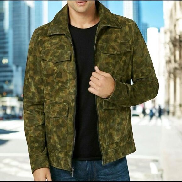 MICHAEL KORS Green Camo Suede Leather Utility Jacket M - Picture 1 of 7